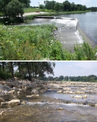 Views of Vernon Springs dam before and after modification